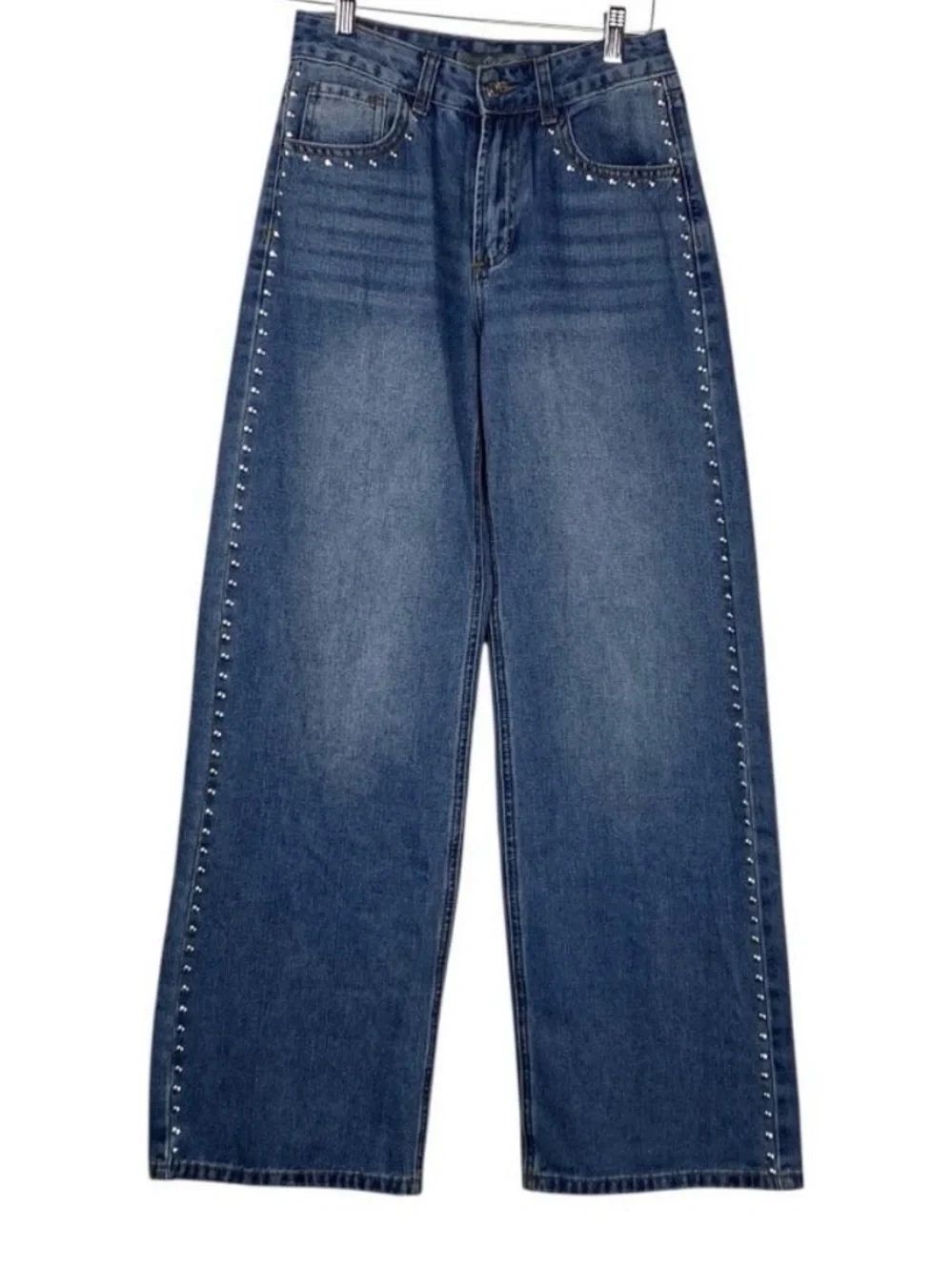Cali 1850 Blue Medium Wash Silver Studded Wide Leg High Rise Denim Jeans NEW - Picture 3 of 16